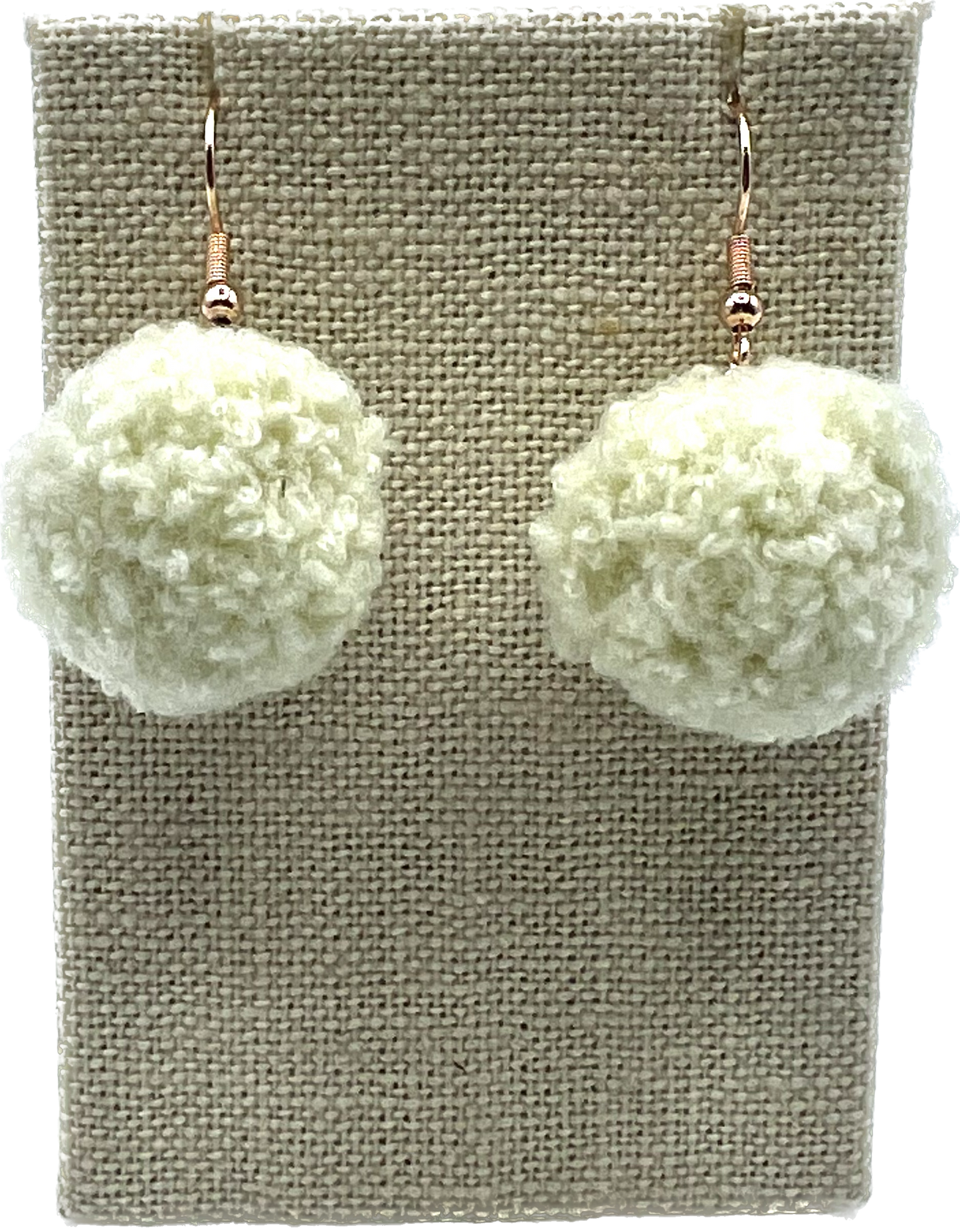 Off White Pom Pom Earrings With Rose Gold Hooks