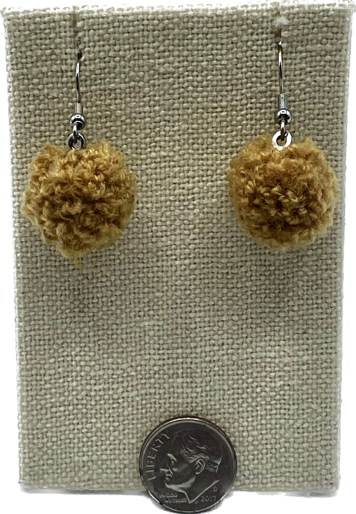 Light Brown Khaki Pom Pom Earrings With Stainless Steel Hooks (Small)