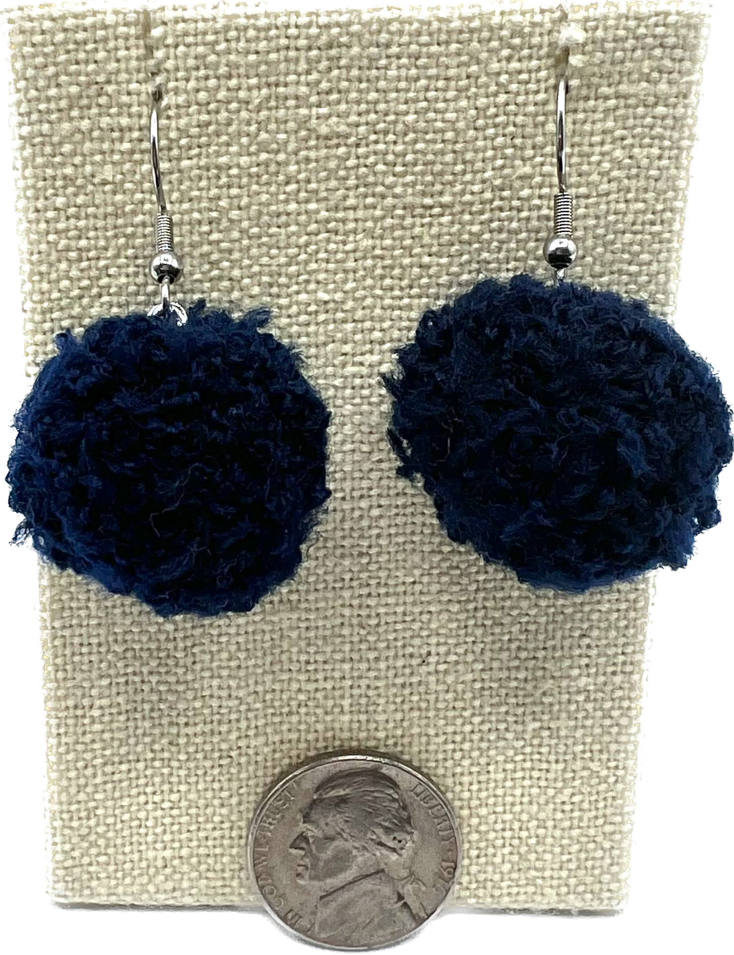 Navy Blue Pom Pom Earrings With Stainless Steel Hooks