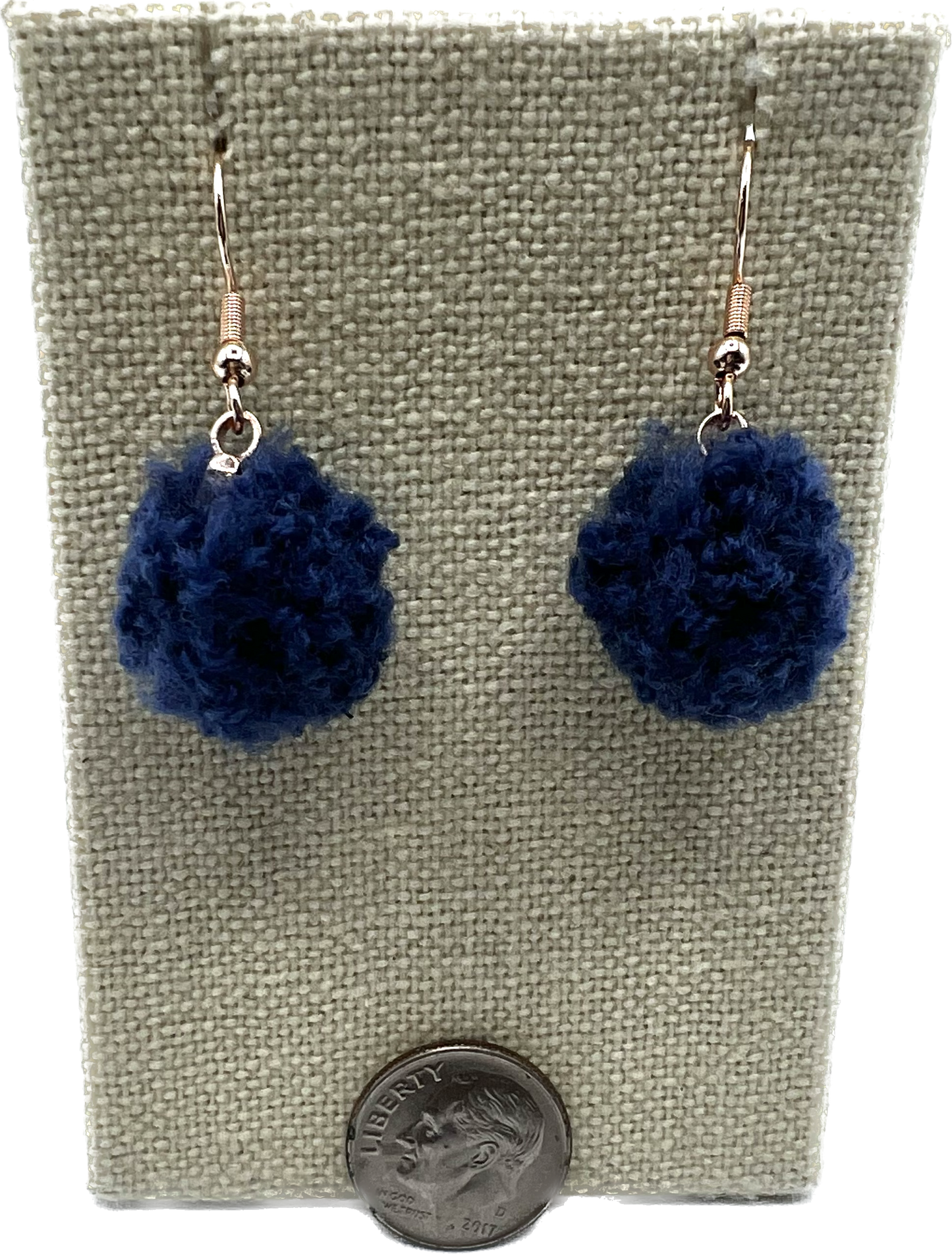 Navy Blue Pom Pom Earrings With Rose Gold Hooks (Small)