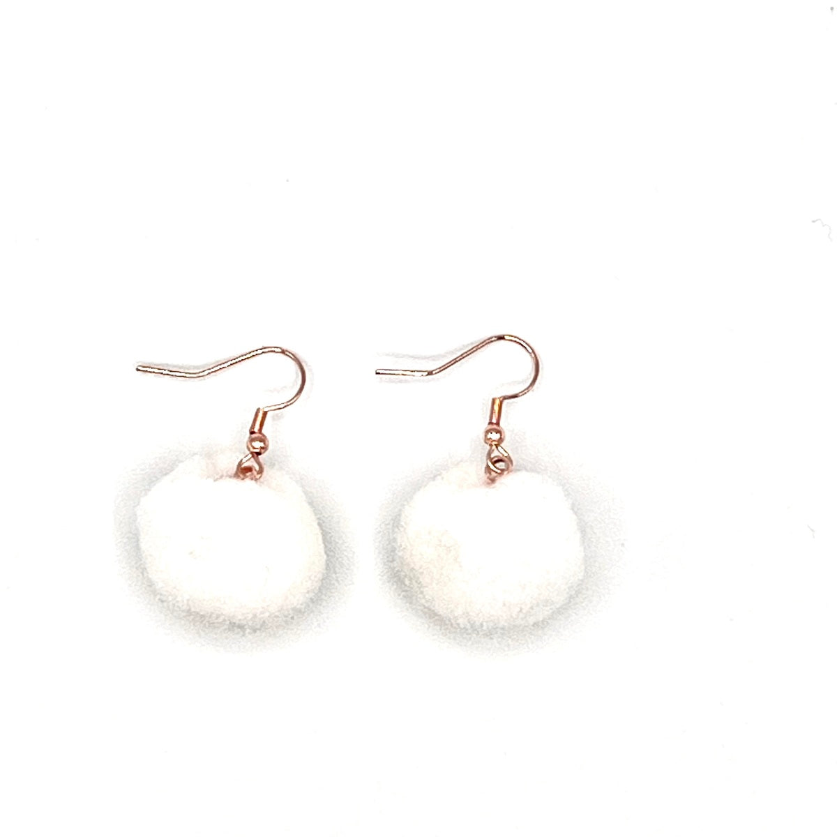 White Pom Pom Earrings With Rose Gold Hooks