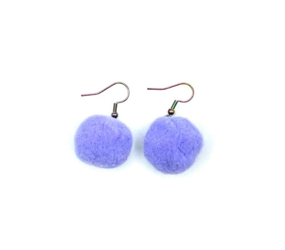 Lavender Pom Pom Earrings With Rainbow Hooks