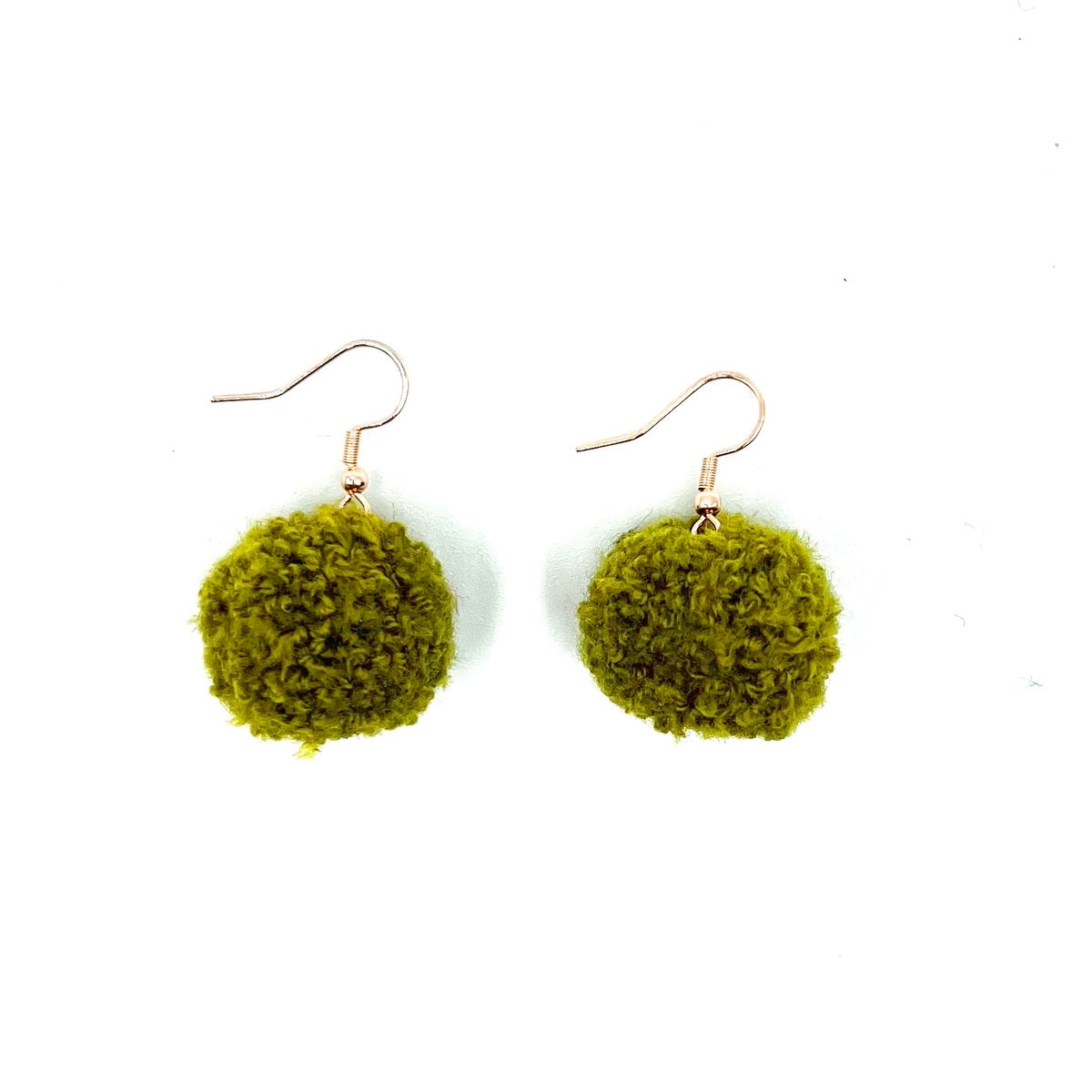 Olive Green Pom Pom Earrings With Rose Gold Hooks