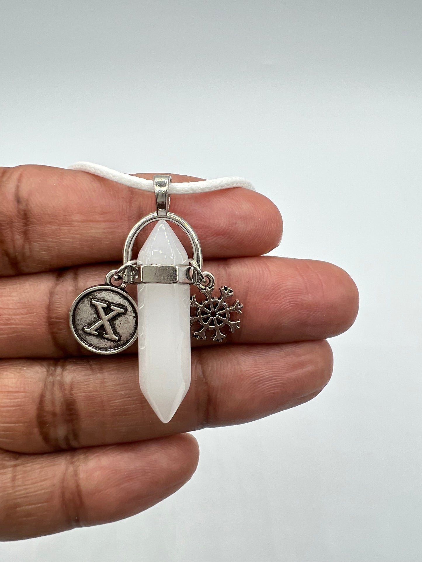 White Chakra Stone & Snowflake Charm Necklace w/Personalized Letter Charm