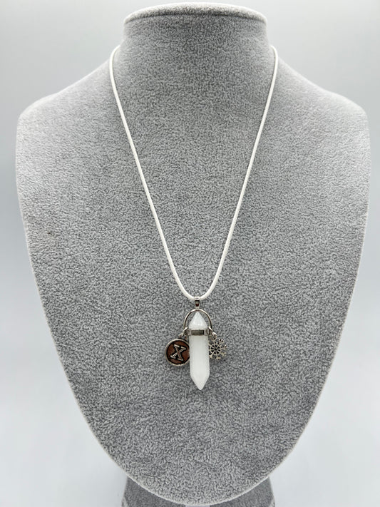 White Chakra Stone & Snowflake Charm Necklace w/Personalized Letter Charm