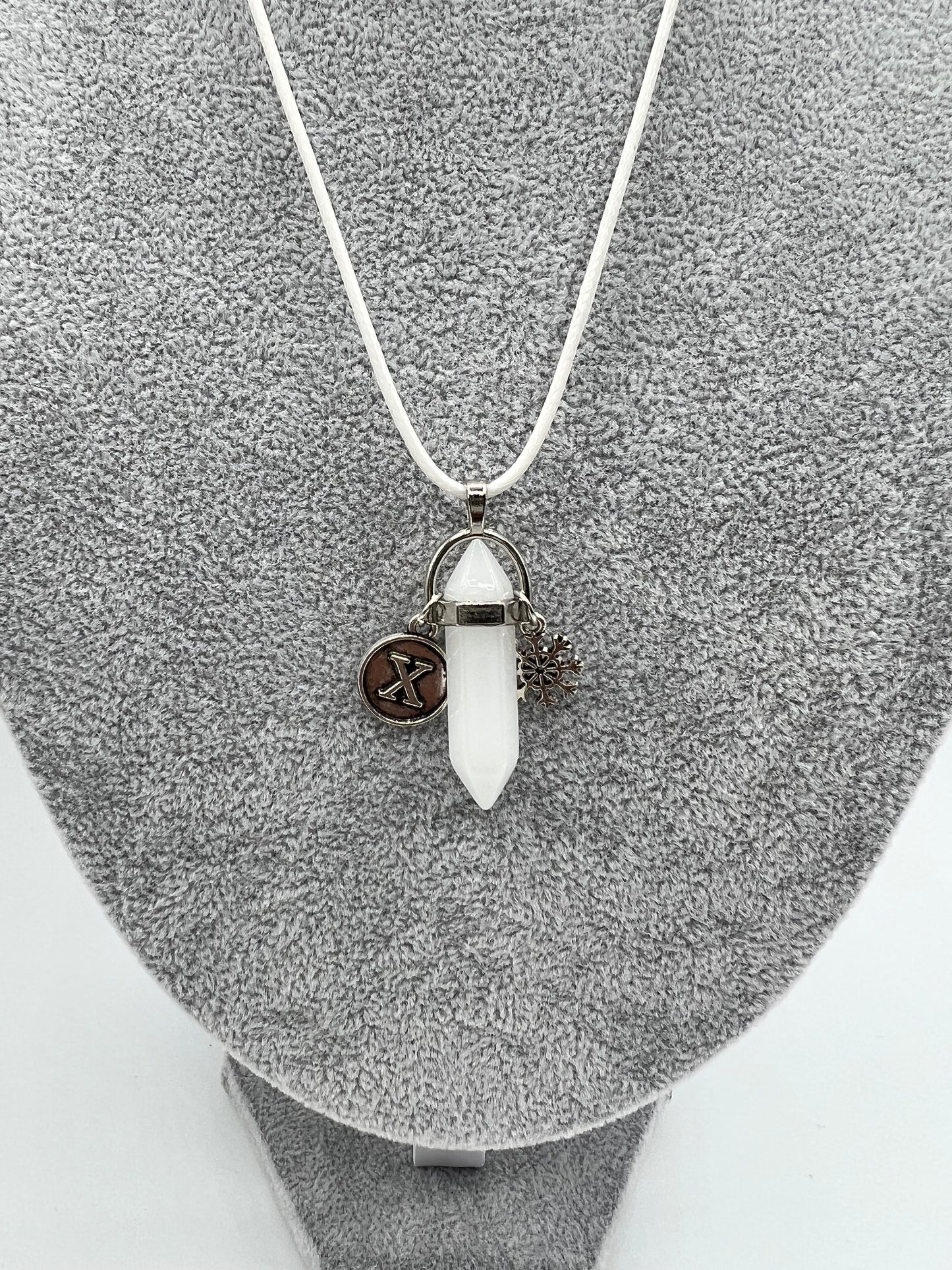 White Chakra Stone & Snowflake Charm Necklace w/Personalized Letter Charm