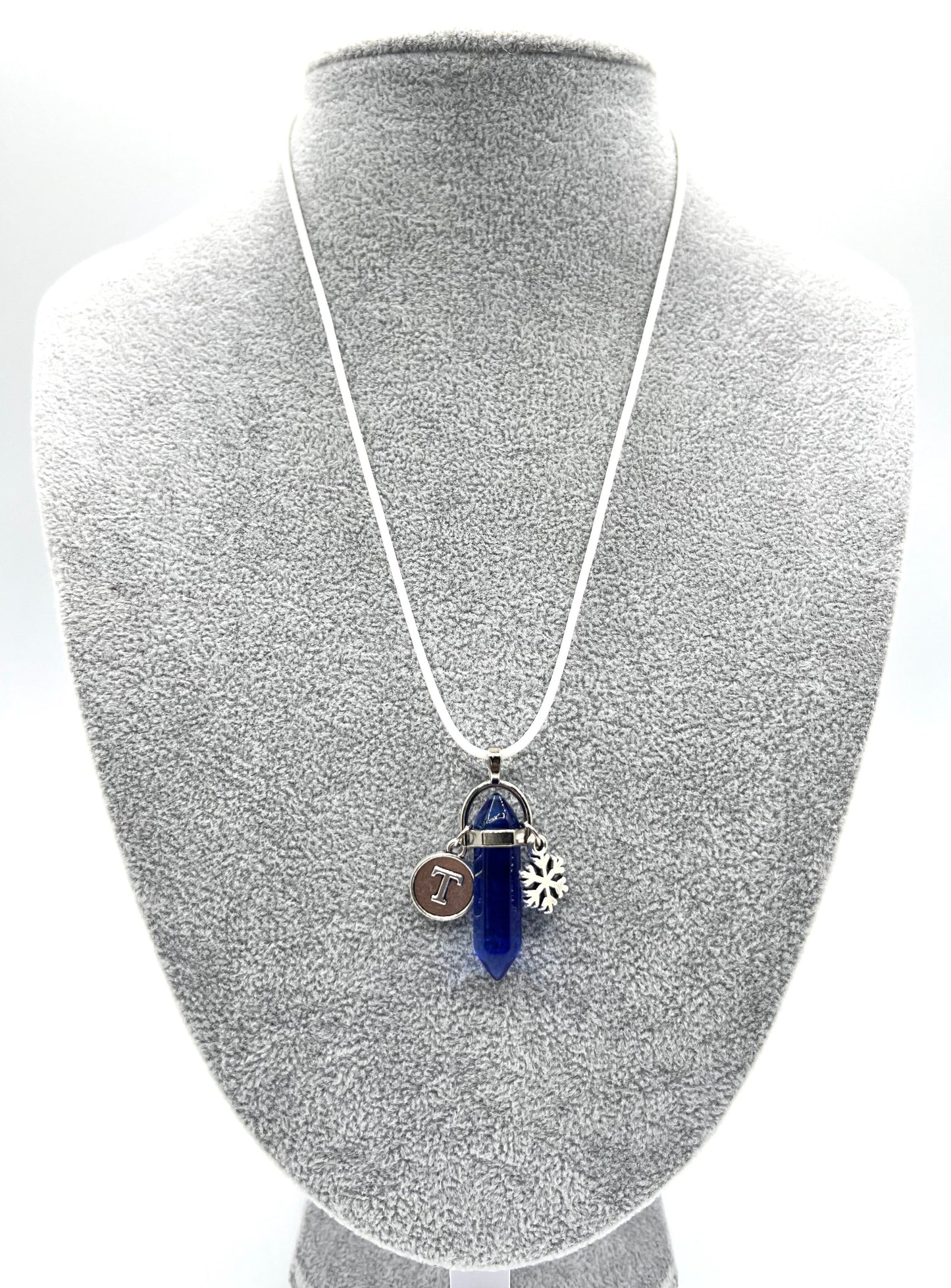 Blue Chakra Stone & Snowflake Charm Necklace w/Personalized Letter Charm