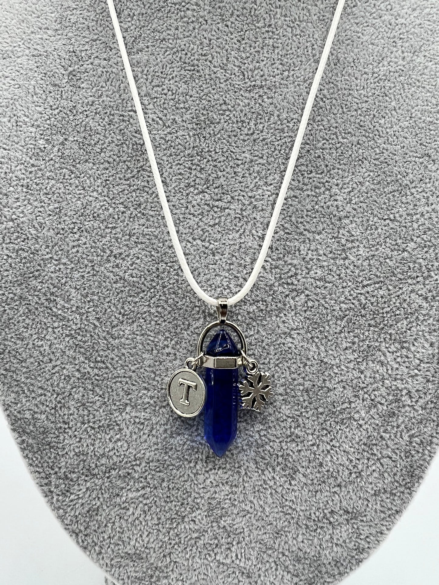 Blue Chakra Stone & Snowflake Charm Necklace w/Personalized Letter Charm